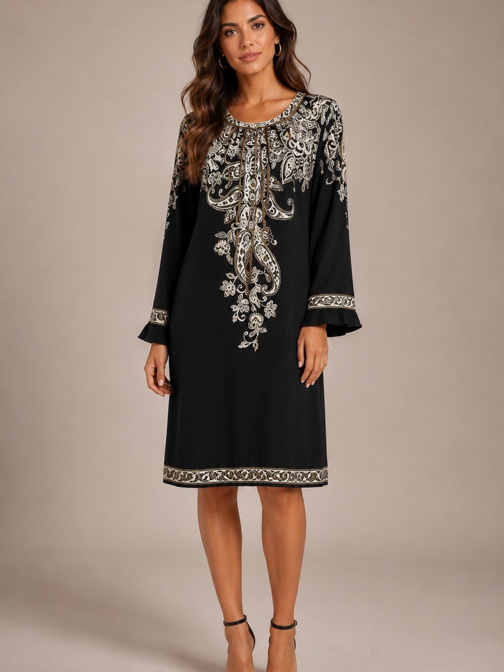 Maggy London black paisley shift dress w/a white screen-printed placement design